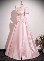 Sweet Princess Pink A-Line Short Sleeve Bow Satin Long Prom Dresses Evening Dresses