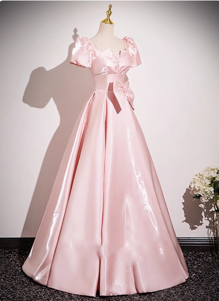 Sweet Princess Pink A-Line Short Sleeve Bow Satin Long Prom Dresses Evening Dresses