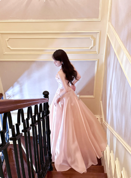 Sweet Princess Pink A-Line Spaghetti Strap Satin Long Prom Dresses Evening Dresses