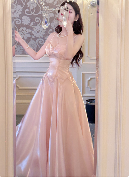 Sweet Princess Pink A-Line Spaghetti Strap Satin Long Prom Dresses Evening Dresses