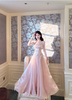Sweet Princess Pink A-Line Spaghetti Strap Satin Long Prom Dresses Evening Dresses