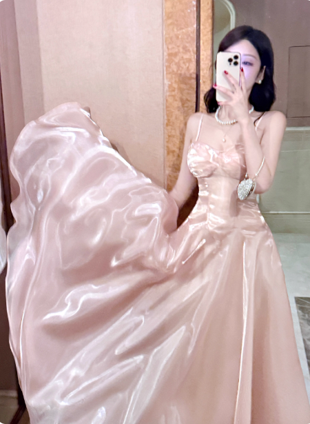 Sweet Princess Pink A-Line Spaghetti Strap Satin Long Prom Dresses Evening Dresses