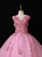Sweet Princess Pink Crew Neck Embroidered Tulle Long Prom Dresses Evening Dresses