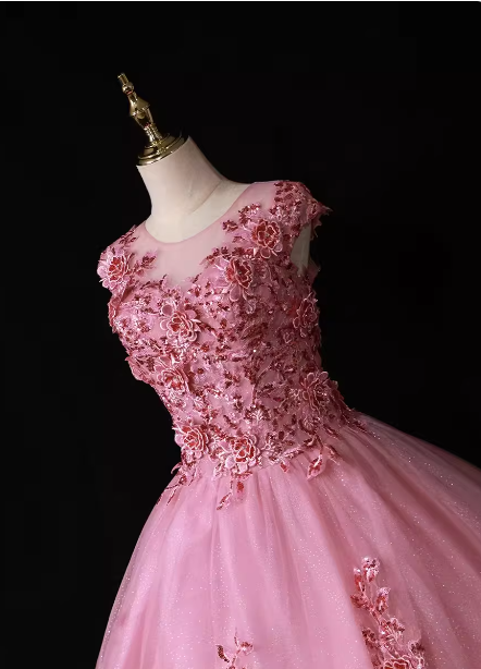 Sweet Princess Pink Crew Neck Embroidered Tulle Long Prom Dresses Evening Dresses