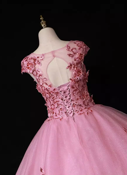 Sweet Princess Pink Crew Neck Embroidered Tulle Long Prom Dresses Evening Dresses