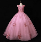 Sweet Princess Pink Crew Neck Embroidered Tulle Long Prom Dresses Evening Dresses