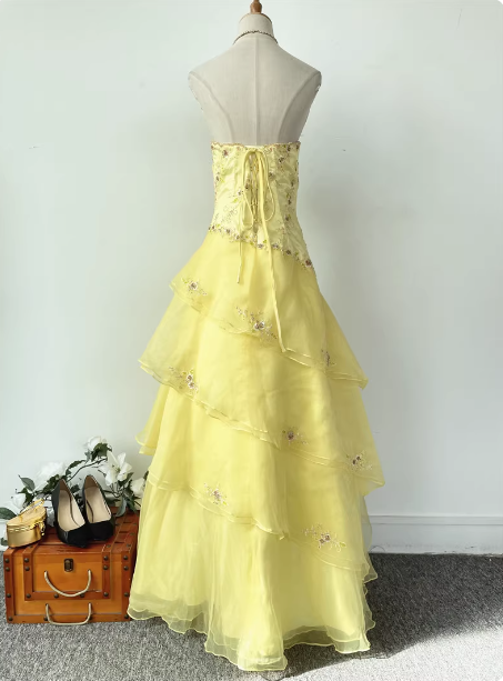 Sweet Princess Yellow A-Line Strapless Beaded Embroidered Tulle Long Prom Dresses Evening Dresses Secondary image