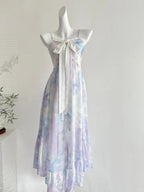 Sweet Purple And Blue Gradient A-Line Suspender Bow Chiffon Long Prom Dresses Evening Dresses