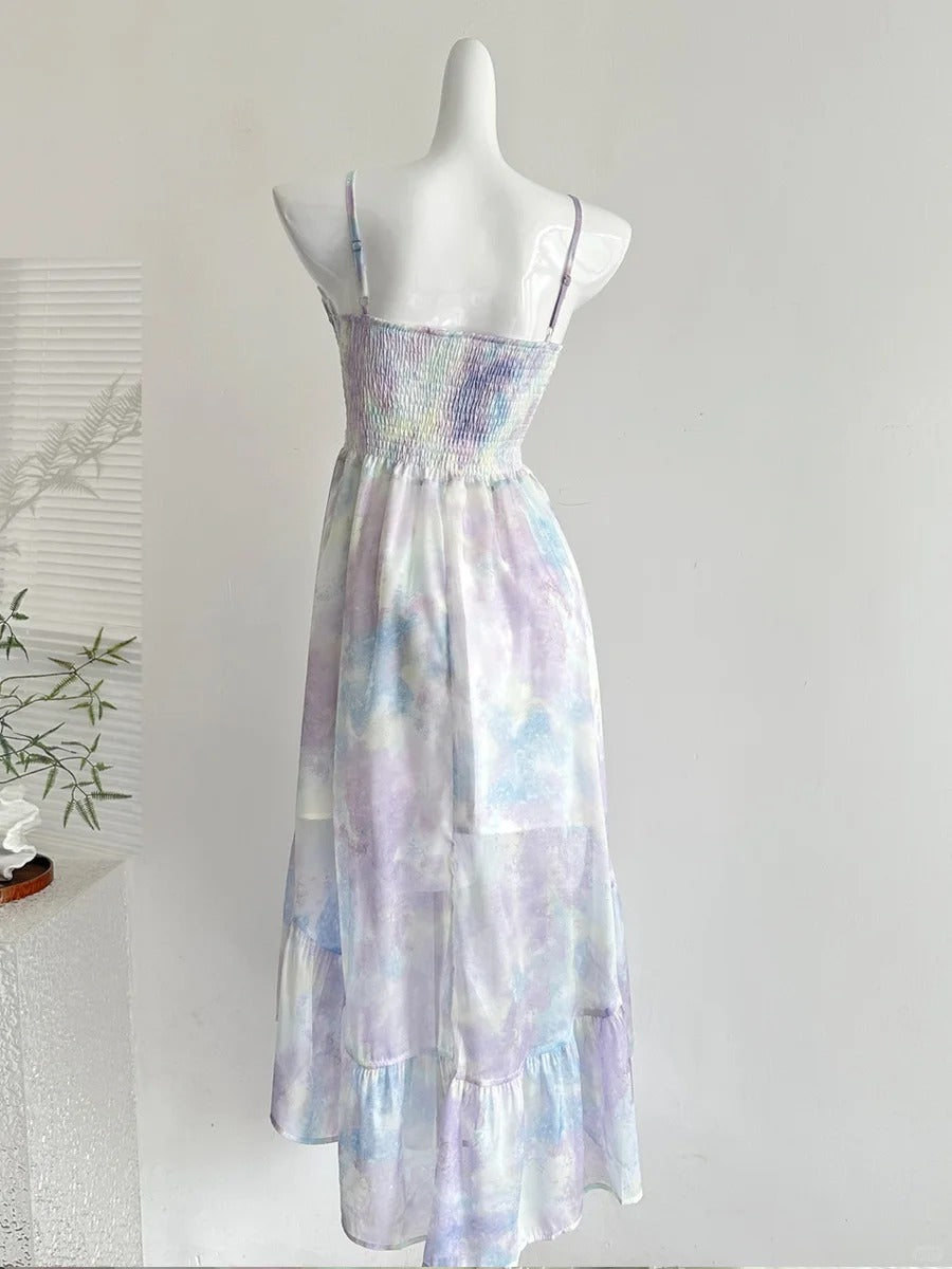Sweet Purple And Blue Gradient A-Line Suspender Bow Chiffon Long Prom Dresses Evening Dresses