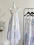 Sweet Purple And Blue Gradient A-Line Suspender Bow Chiffon Long Prom Dresses Evening Dresses