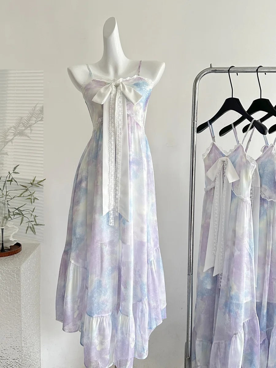 Sweet Purple And Blue Gradient A-Line Suspender Bow Chiffon Long Prom Dresses Evening Dresses