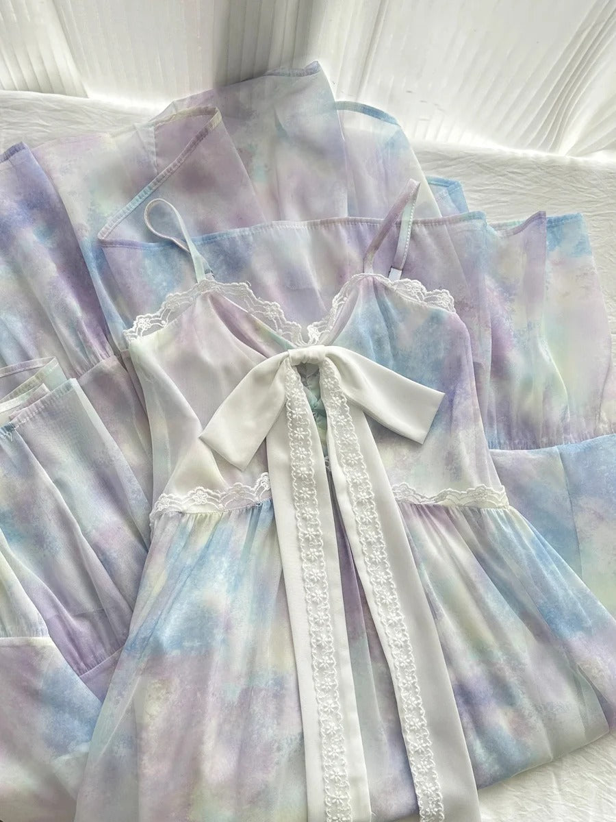 Sweet Purple And Blue Gradient A-Line Suspender Bow Chiffon Long Prom Dresses Evening Dresses