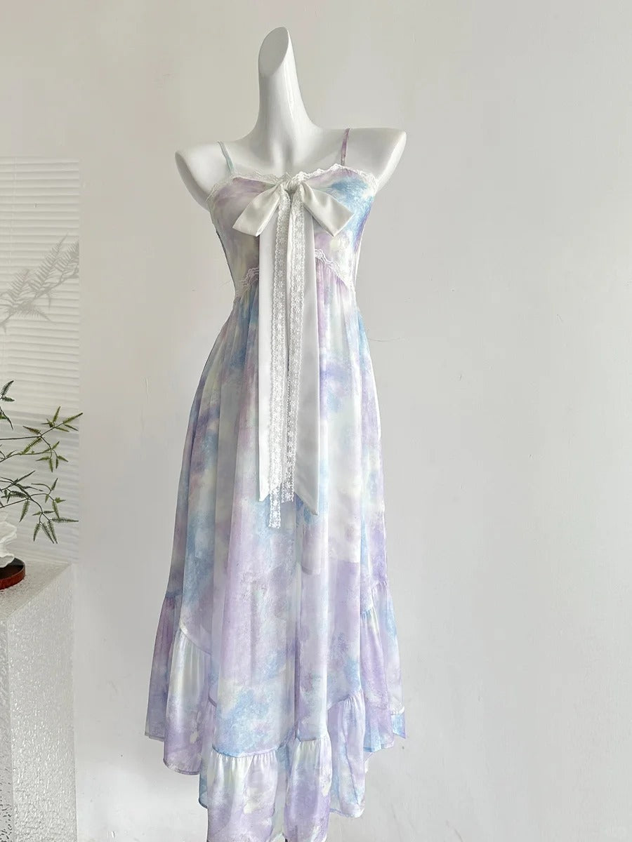 Sweet Purple And Blue Gradient A-Line Suspender Bow Chiffon Long Prom Dresses Evening Dresses