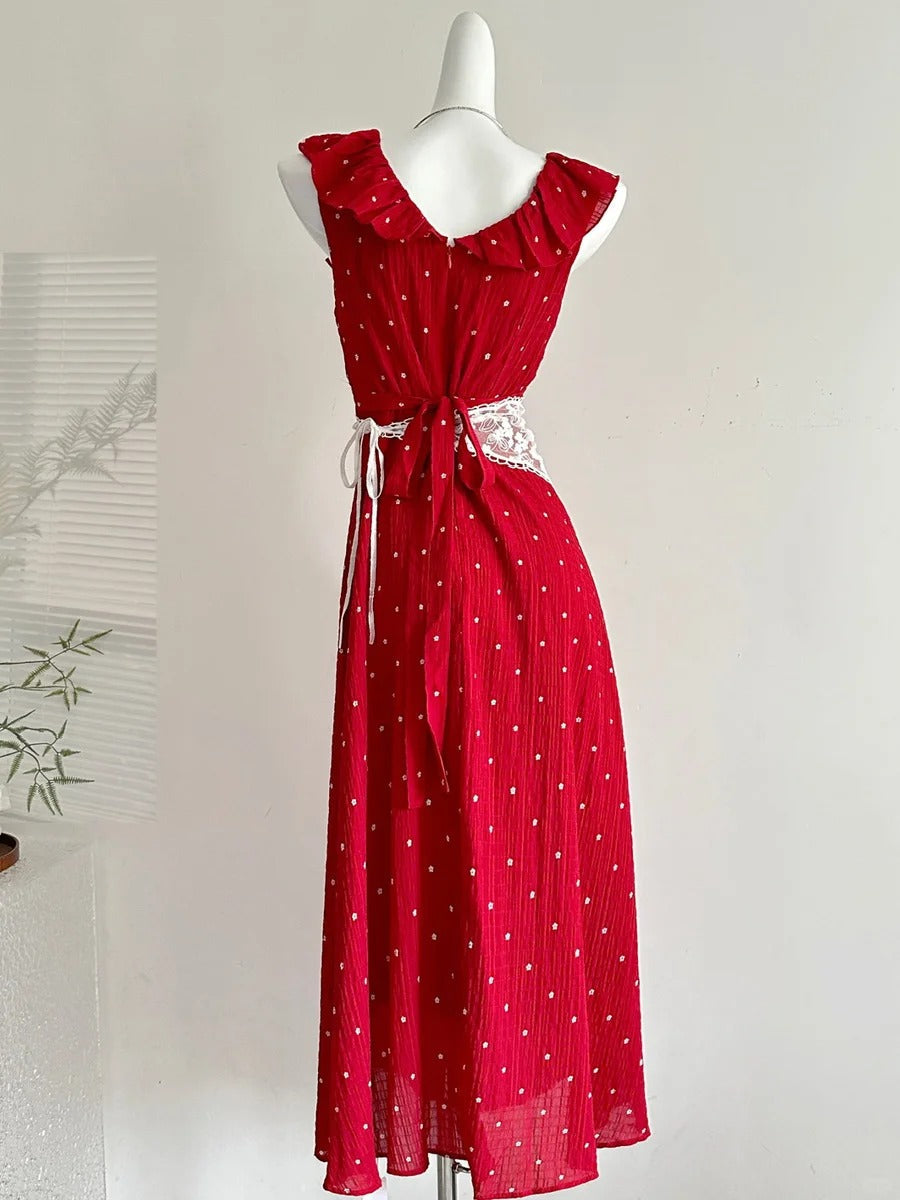 Sweet Red And White Polka Dot A-Line Ruffle Waist Long Prom Dresses 17Th Birthday Dresses