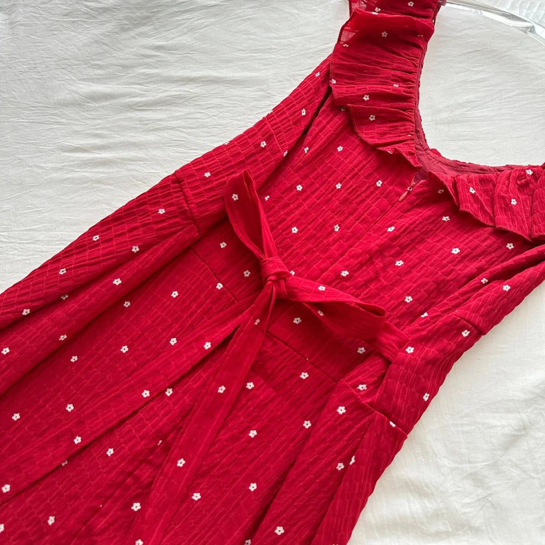 Sweet Red And White Polka Dot A-Line Ruffle Waist Long Prom Dresses 17Th Birthday Dresses