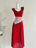 Sweet Red And White Polka Dot A-Line Ruffle Waist Long Prom Dresses 17Th Birthday Dresses