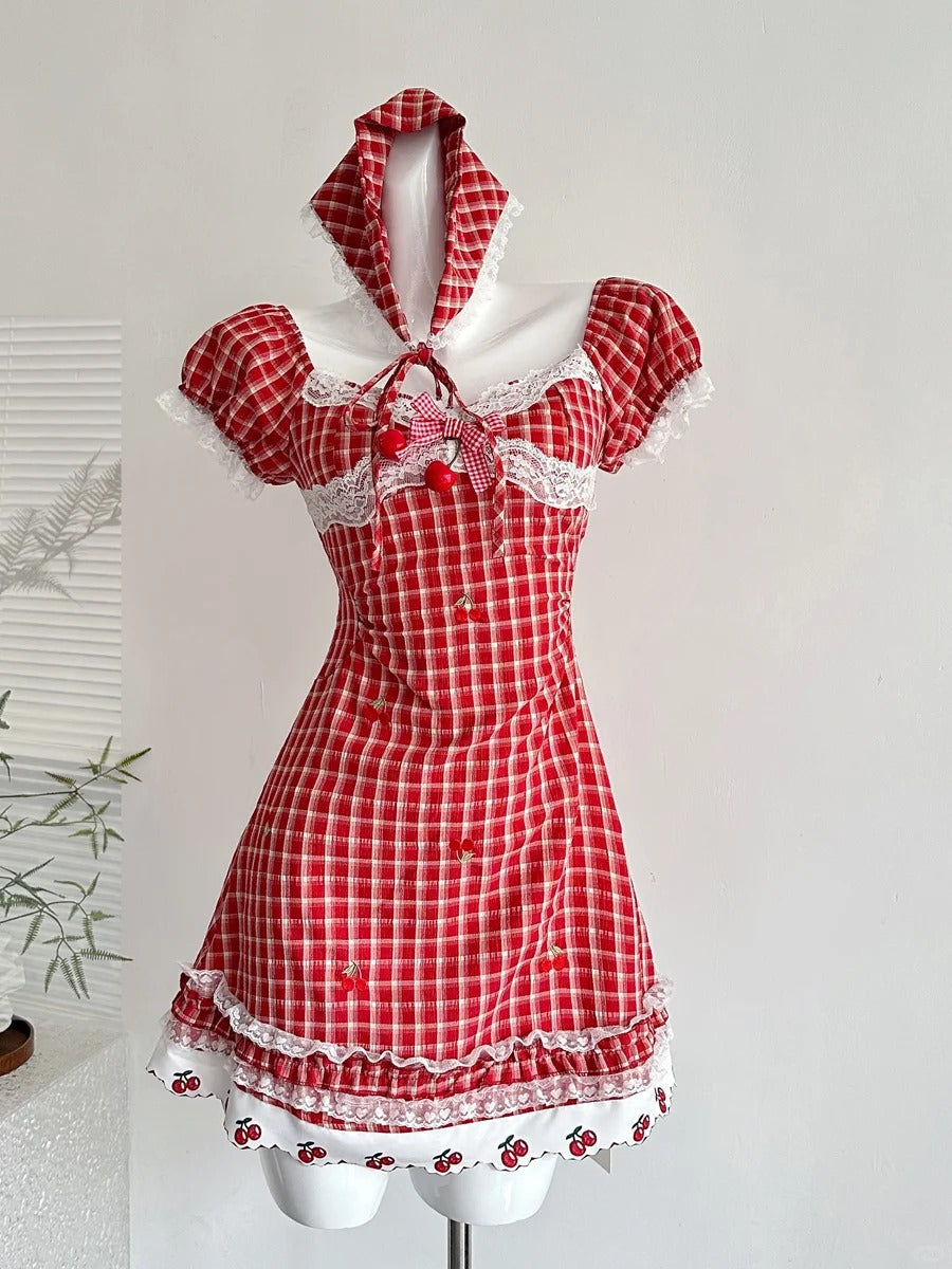Sweet Retro Red And White Plaid Short-Sleeved Waist A-Line 15Th Birthday Homecoming Dresses Secondary image