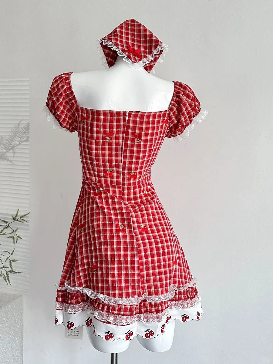 Sweet Retro Red And White Plaid Short-Sleeved Waist A-Line 15Th Birthday Homecoming Dresses
