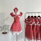 Sweet Retro Red And White Plaid Short-Sleeved Waist A-Line 15Th Birthday Homecoming Dresses