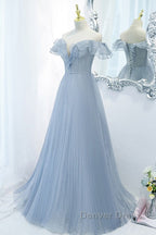 Sweet Sky Blue Sparkling Pleated Short Sleeved Off Shoulder Ball Dress Sky Blue A Line Princess Backless Tie With Ruffle Edge And Floor Length Prom Dresses