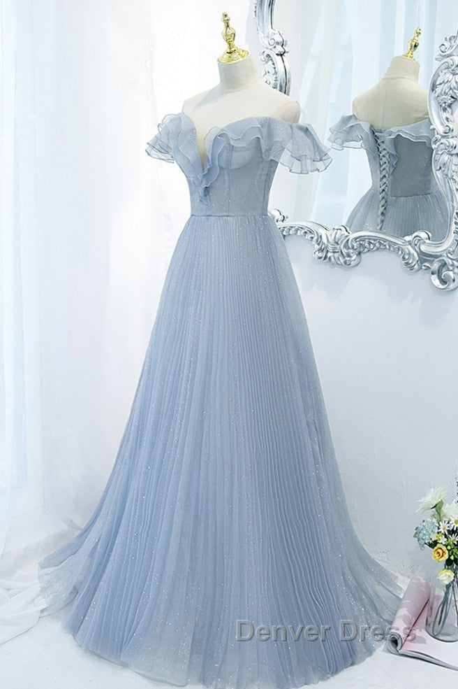Sweet Sky Blue Sparkling Pleated Short Sleeved Off Shoulder Ball Dress Sky Blue A Line Princess Backless Tie With Ruffle Edge And Floor Length Prom Dresses