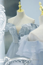 Sweet Sky Blue Sparkling Pleated Short Sleeved Off Shoulder Ball Dress Sky Blue A Line Princess Backless Tie With Ruffle Edge And Floor Length Prom Dresses