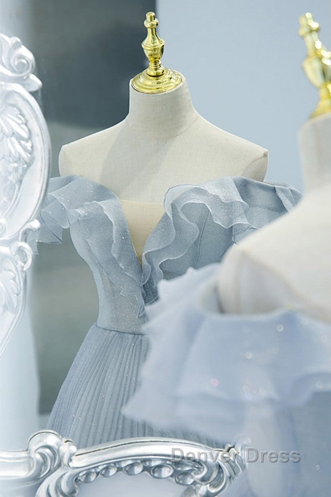 Sweet Sky Blue Sparkling Pleated Short Sleeved Off Shoulder Ball Dress Sky Blue A Line Princess Backless Tie With Ruffle Edge And Floor Length Prom Dresses