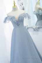 Sweet Sky Blue Sparkling Pleated Short Sleeved Off Shoulder Ball Dress Sky Blue A Line Princess Backless Tie With Ruffle Edge And Floor Length Prom Dresses