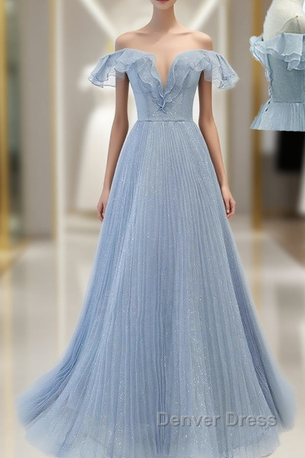 Sweet Sky Blue Sparkling Pleated Short Sleeved Off Shoulder Ball Dress Sky Blue A Line Princess Backless Tie With Ruffle Edge And Floor Length Prom Dresses