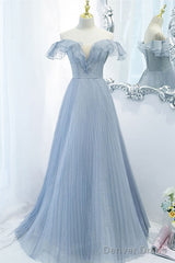 Sweet Sky Blue Sparkling Pleated Short Sleeved Off Shoulder Ball Dress Sky Blue A-Line Princess Backless Tie With Ruffle Edge And Floor Length Evening Dress