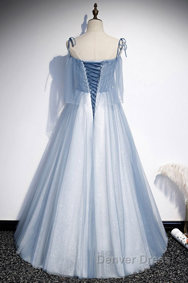 Sweet Sky Blue Thin Shoulder Strap Sleeveless Applique Lace Bead Dresses Dresses With Sky Blue A-Line Glittering Thin Gauze Open Back Strap Long Ruffle Edge Evening Dresses Secondary image