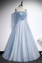 Sweet Sky Blue Thin Shoulder Strap Sleeveless Applique Lace Bead Dresses Dresses With Sky Blue A-Line Glittering Thin Gauze Open Back Strap Long Ruffle Edge Evening Dresses