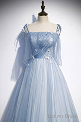Sweet Sky Blue Thin Shoulder Strap Sleeveless Applique Lace Bead Dress Dress With Sky Blue A-Line Glittering Thin Gauze Open Back Strap Long Ruffle Edge Evening Dress