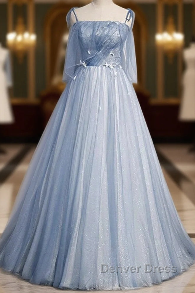 Sweet Sky Blue Thin Shoulder Strap Sleeveless Applique Lace Bead Dresses Dresses With Sky Blue A-Line Glittering Thin Gauze Open Back Strap Long Ruffle Edge Evening Dresses Main image