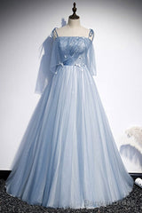 Sweet Sky Blue Thin Shoulder Strap Sleeveless Applique Lace Bead Dress Dress With Sky Blue A-Line Glittering Thin Gauze Open Back Strap Long Ruffle Edge Evening Dress
