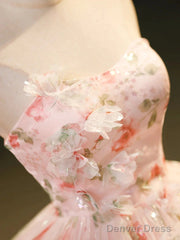Sweet Strapless Tulle Flower Pink Print Prom Dress