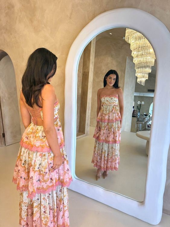 Sweet Straps Tiered A-Line Long Prom Dresses