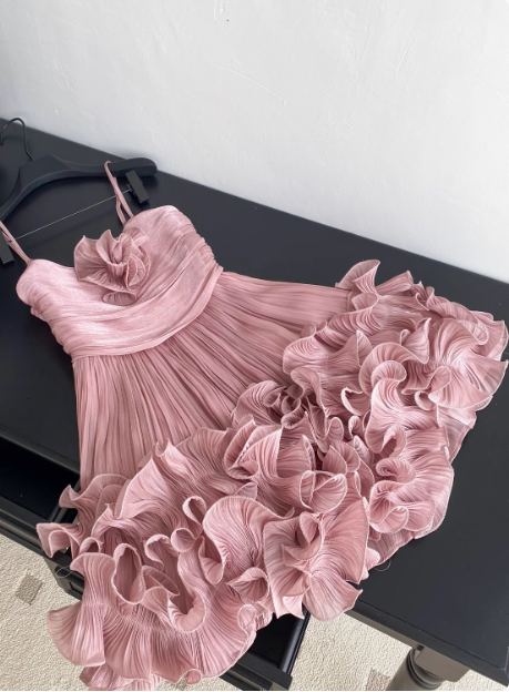 Sweet Suspender Pleated Three-Dimensional Flower Ruffle Pink Birthday Skirt Homecoming Dresses Secondary image