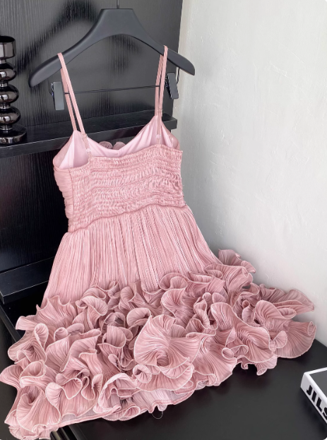 Sweet Suspender Pleated Three-Dimensional Flower Ruffle Pink Birthday Skirt Homecoming Dresses