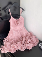 Sweet Suspender Pleated Three-Dimensional Flower Ruffle Pink Birthday Skirt Homecoming Dresses