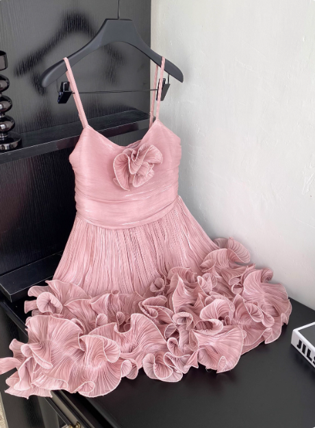 Sweet Suspender Pleated Three-Dimensional Flower Ruffle Pink Birthday Skirt Homecoming Dresses