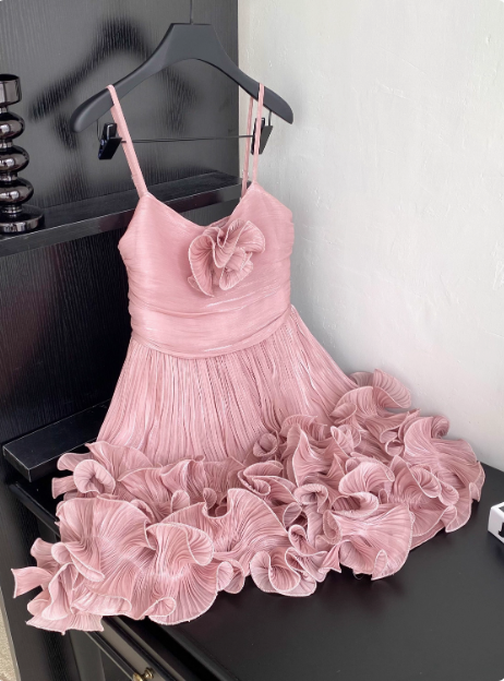 Sweet Suspender Pleated Three-Dimensional Flower Ruffle Pink Birthday Skirt Homecoming Dresses Main image
