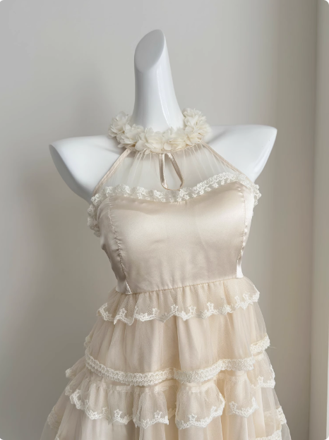 Sweet Three-Dimensional Flower Halter Neck Strap Sleeveless Lace Splicing Mesh Cake Birthday Skirt Homecoming Dresses