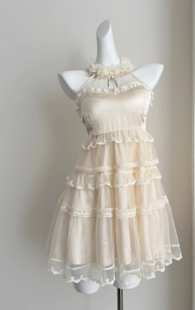 Sweet Three-Dimensional Flower Halter Neck Strap Sleeveless Lace Splicing Mesh Cake Birthday Skirt Homecoming Dresses Main image