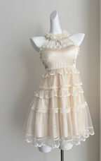Sweet Three-Dimensional Flower Halter Neck Strap Sleeveless Lace Splicing Mesh Cake Birthday Skirt Homecoming Dresses