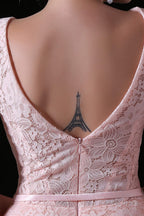 Sweet Tulle & Lace Bateau Neckline Floor Length A Line Prom Dresses With Belt