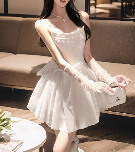 Sweet White Herringbone Tube Top Puff Birthday Dresses Homecoming Dresses