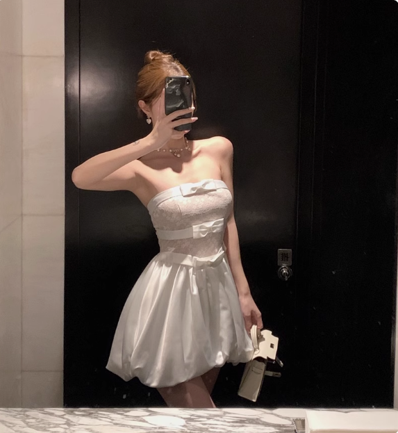 Sweet White Tube Top Bow Lace Satin Bud Birthday Short Skirt Homecoming Dresses Main image