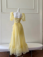 Sweet Yellow A-Line Square Neck Puff Sleeve Lace Tulle Long Prom Dresses