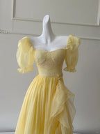 Sweet Yellow A-Line Square Neck Puff Sleeve Lace Tulle Long Prom Dresses